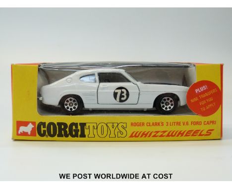 Corgi Toys Whizzwheels diecast model Roger Clark's 3 litre V6 Ford Capri, 303, with white body, black bonnet and racing numbe
