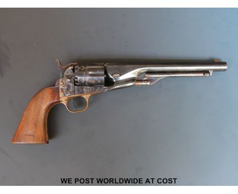 A New Army Mod 1860 .44 six shote percussion hammer action revolver with brass trigger guard and 8inch barrel, serial number 