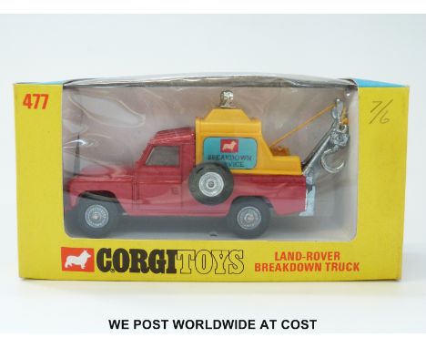 Corgi Toys diecast model Land Rover Breakdown Truck, 477, with red body, yellow canopy, spotlight and 'Breakdown Service' log