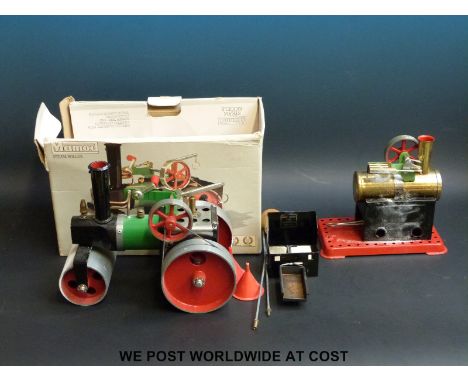 A Mamod live steam S.R.1.A steam roller with solid fuel burner, sight glass, steering rod and box together with a Mamod overt