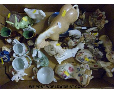 A collection of various ceramic figures, animals etc to include USSR, Sue Wells, Nao, Crown Clifton Cornwall, Crested ware et