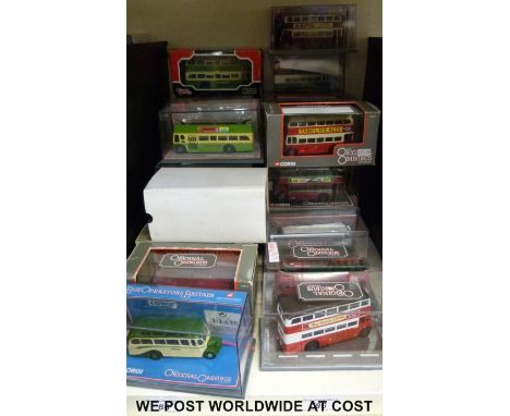 Twent-eight Corgi Original Omnibus Company (OOC) diecast model buses, coaches and trams, all in original boxes, some with out