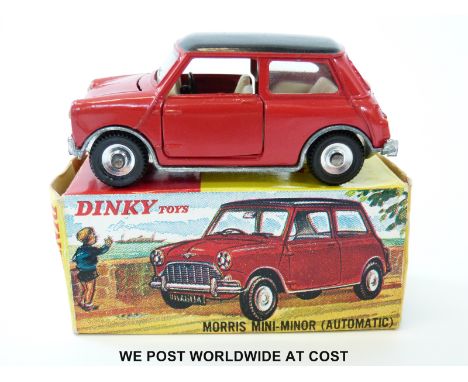 Dinky Toys diecast model Morris Mini-Minor (Automatic), 183, with red body, gloss black roof, white interior and spun hubs, i