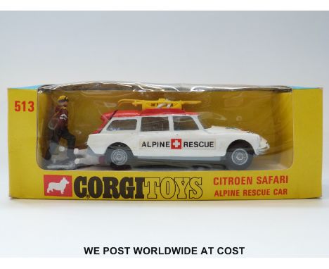 Corgi Toys diecast model Citroen Safari Alpine Rescue Car, 513, with white and red car, skis, sledge, roof rack, skier and St