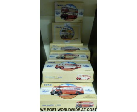 Ten Corgi Classics diecast model buses from the Public Transport and Commercial ranges, all in original boxes