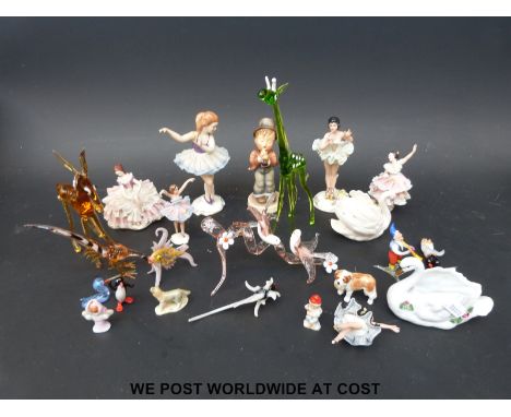 A quantity of Dresden and similar figurines, glass animals, Goebel swan etc