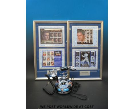 Two framed Elvis Presley stamp sets and an Elvis Presley telephone.