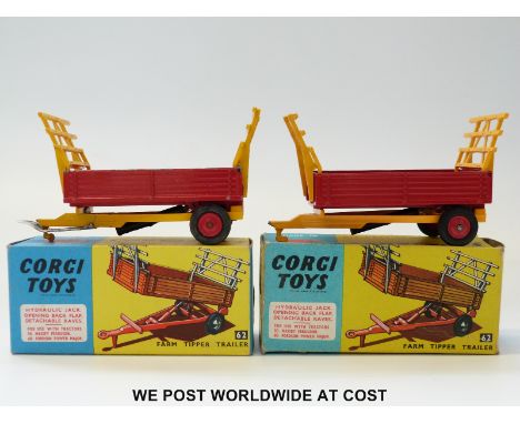 Two Corgi Toys diecast model Farm Tipper Trailers, 62, both with red body, yellow chassis, red wheels and two raves, in origi