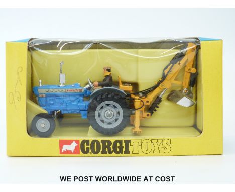 Corgi Toys diecast model Ford 5000 Super Major Tractor, 72, with trenching arm, blue, white and silver body, in original wind