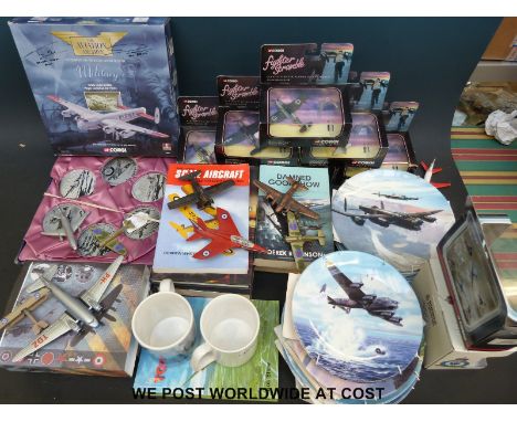 A collection of items to include military collector's plates, a quantity of books including The Last Torpedo Flyers and The R