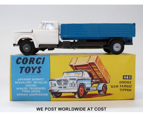 Corgi Toys diecast model Dodge 'Kew Fargo' Tipper, 483, with white cab, blue tipper and cast hubs, in original box.