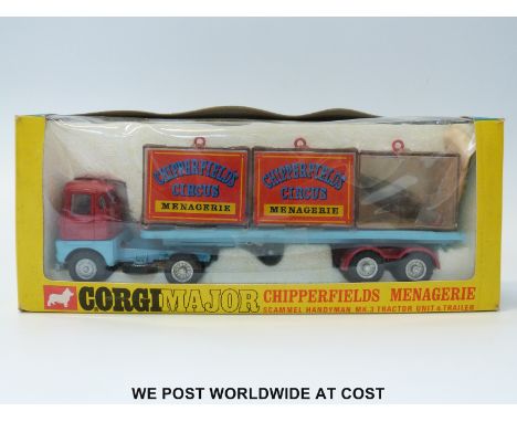 Corgi Major Toys diecast model Chipperfields Menagerie Scammell Handyman Mk.3 Tractor Unit and Trailer, 1139, with blue and r