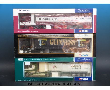 Three Corgi 1:50 scale limited edition diecast model lorries Downton CC13211, Maguires of Cheltenham CC12803 and Guinness 764