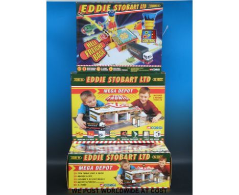Three Corgi Eddie Stobart buildings, two Mega Depots and Heli Freight Base, all in original boxes
