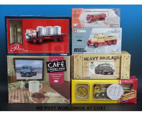 Six Corgi 1:50 scale diecast model lorries and trucks, some limited edition, to include Cafe Connection, Heavy Haulage, Londo