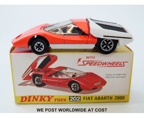 Dinky Toys diecast model Fiat Abarth 2000, 202, with fluorescent red body, white boot and clear engine cover, in original box