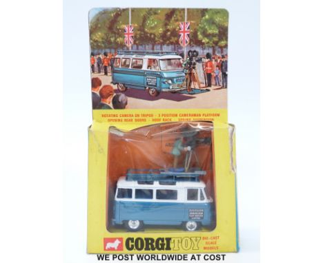 Corgi Toys diecast model Commer Mobile Camera Van, 479, with blue and white Commer Van, spun hubs, camera operator, equipment