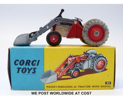 Corgi Toys diecast model, Massey-Ferguson 65 Tractor with Shovel, 53, with red bonnet, grey plastic steering wheel, silver me