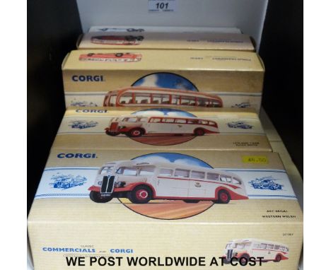 Five Corgi diecast model buses from the Public Transport and the Commercials ranges, all in original boxes 