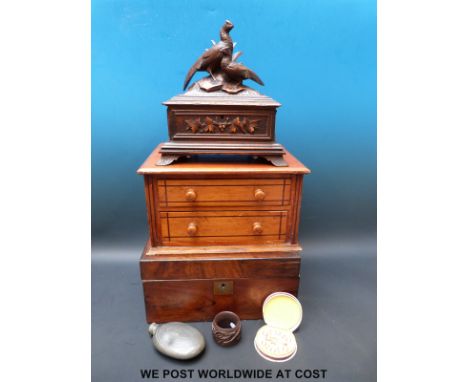 A 19thC mahogany writing slope, pine miniature chest, carved box with bird finials, pewter flask, stud set etc