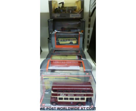 Nine Corgi Classics and Original Omnibus Company (OOC) diecast model buses and delivery lorries, all in original boxes