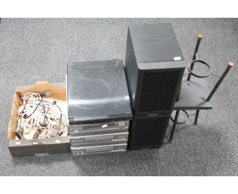 Three Denon hifi separates together with a Kenwood turntable, Mission speakers, box of speaker stands and hifi wires 