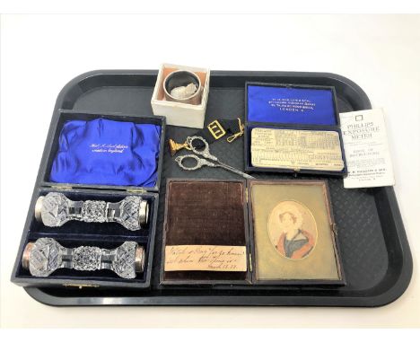 A tray of Phillip's Exposure Meter in original case, pair of cased silver and cut glass knife rests, Victorian portrait minia