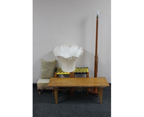 A teak standard lamp with shade together with a pair of wicker upholstered stools, pine coffee table together with a further 