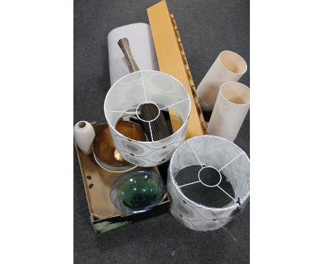 Contemporary hall runner together with a box of table lamps with shades, glass and pottery vases, cd rack and two further lam