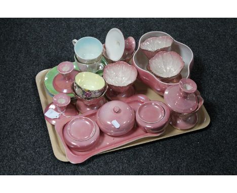 A tray of Maling brown chintz finger bowl, Maling tea cups and saucers, pink lustre dishes, dressing table set etc 