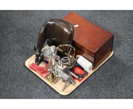 A tray of plated stand, Masonic stand, desk clock, Ronson lighter and service kit, pine wooden table box 