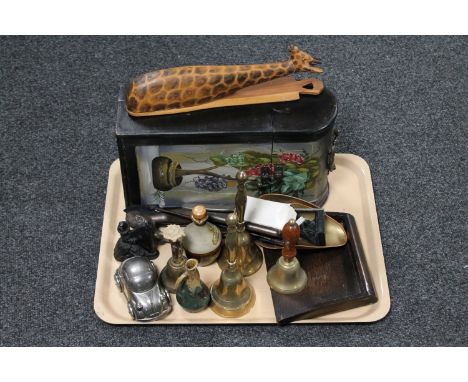 A tray of brass hand bells, crumb scoop and shovel, wooden letter openers, wine box etc 