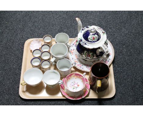 A tray of antique commemorative mugs, two Shelley cups, Victorian lustre teapot, Paragon tea cup and saucer etc 