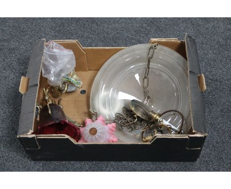 A box of two Art Deco style glass light fittings together with a further glass light shade
