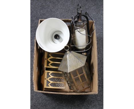 A box of paraffin lamp, three brass and glass hanging lantern lights, spot lamp