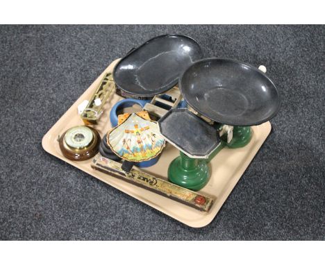 A tray of two sets of scales with weights, miniature brass fender, barometer, painted religious shell