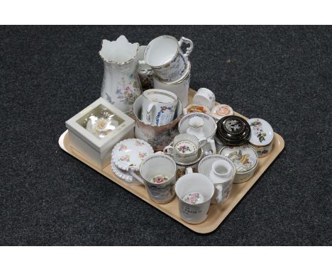 A tray of china trinket and pill boxes, commemorative mugs, Aynsley vase etc 