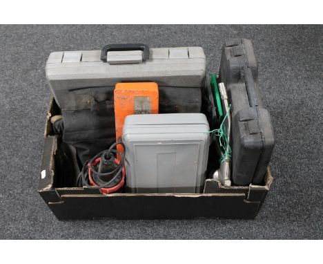 A box of site light, hand tools, cased tool kits etc 