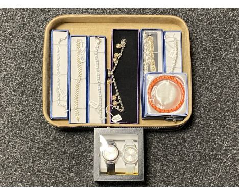 A tray of costume bracelets set with gemstones, two quartz wristwatches, Venetian glass bangle etc 