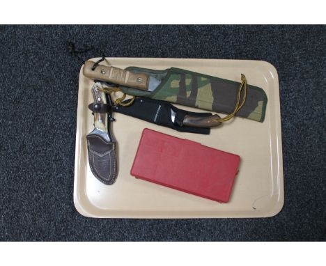 A tray of machete in sheath, two hunting knives together with an Lanksy cased sharpener 