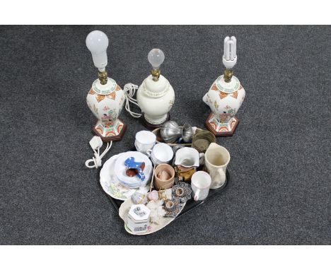 A tray of china, Toby jugs, Royal Worcester trinket pot, Wade candle holders, three pottery table lamps 