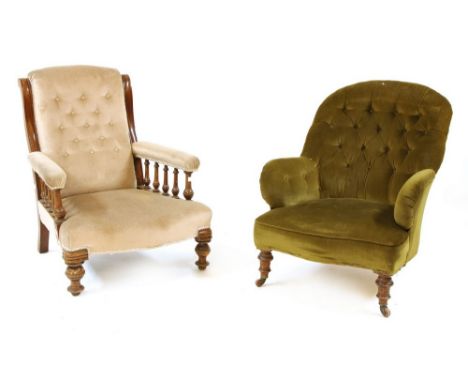 An Edwardian button backed chair, the arms with spindle supports,70 cm wide together with a further button upholstered chair 