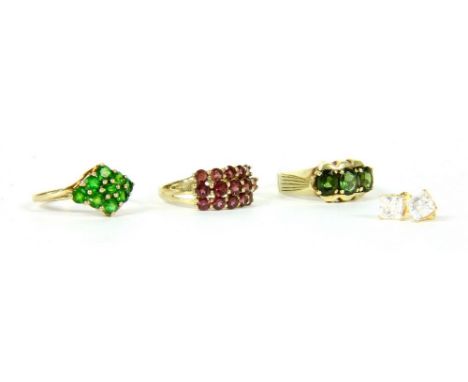 A 9ct gold three stone tourmaline ring, 4.46g, size O½, a 9ct gold diopside cluster ring, 2.36g, size Q, and a 9ct gold three