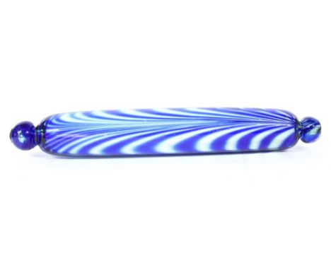 A 19th century Nailsea blue and white glass rolling pin, 36cm long