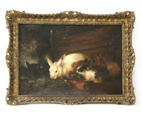 Style of Alfred R Barber (1841-1925) RABBITS EATING VEGETABLES IN A BARN Oil on canvas 45 x 61cm