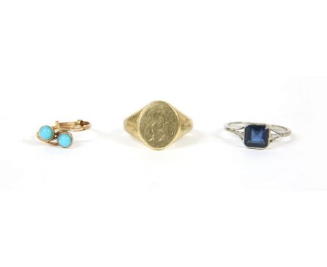 A gentlemen's 9ct gold signet ring, with engraved initials, 6.51g, an Art Deco single stone synthetic sapphire ring, tested a