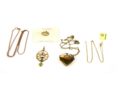 A gold Edwardian pendant, with peridot drop (stone deficient), a three stone ring, marked 9k (stones possibly synthetic rubie