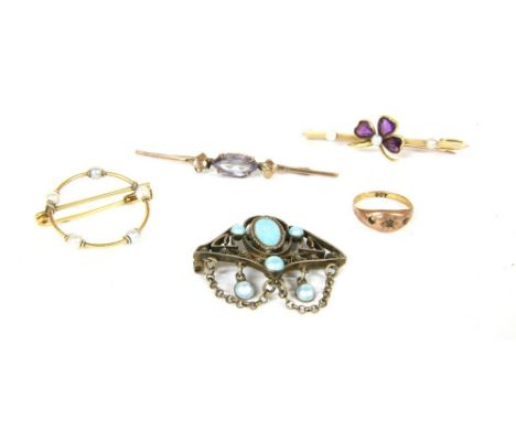 A gold seed pearl circular brooch, tested as approximately 18ct, 2.00g, an amethyst and seed pearl shamrock bar brooch, marke