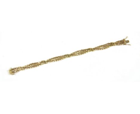 An Italian 9ct gold two row textured and polished plaited chain bracelet, with scroll ribbon interspersed along the chain, 18