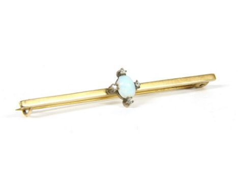 An opal and diamond bar brooch, an oval cabochon opal with four old eight cut diamonds at cardinal points, set to a later mou